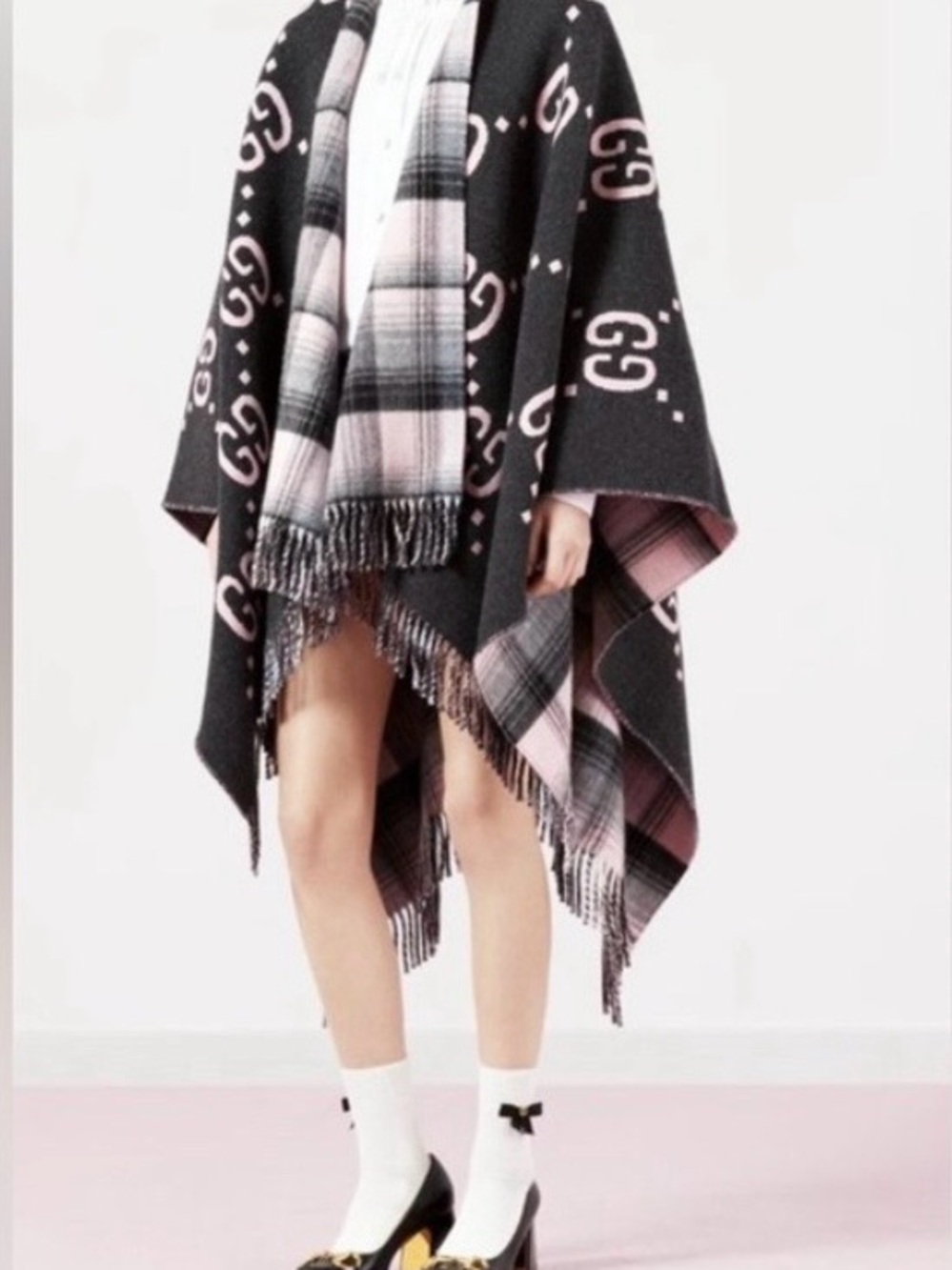 Gucci Reversible GG Plaid Cape/Poncho Dark Gray & Pink Wool